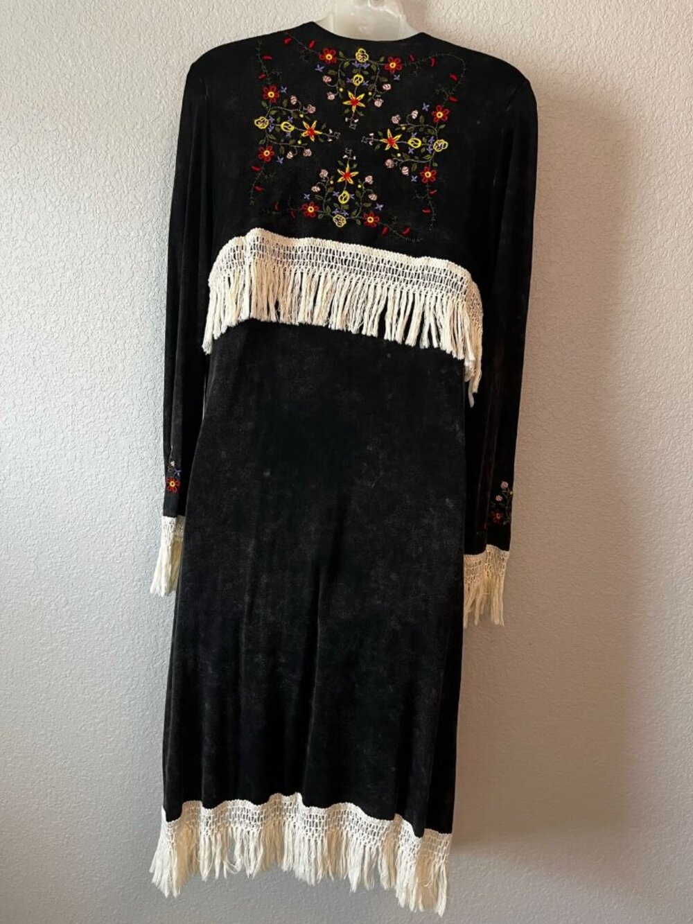 POL Black Acid Wash Embroidered Fringe Duster Cardigan S